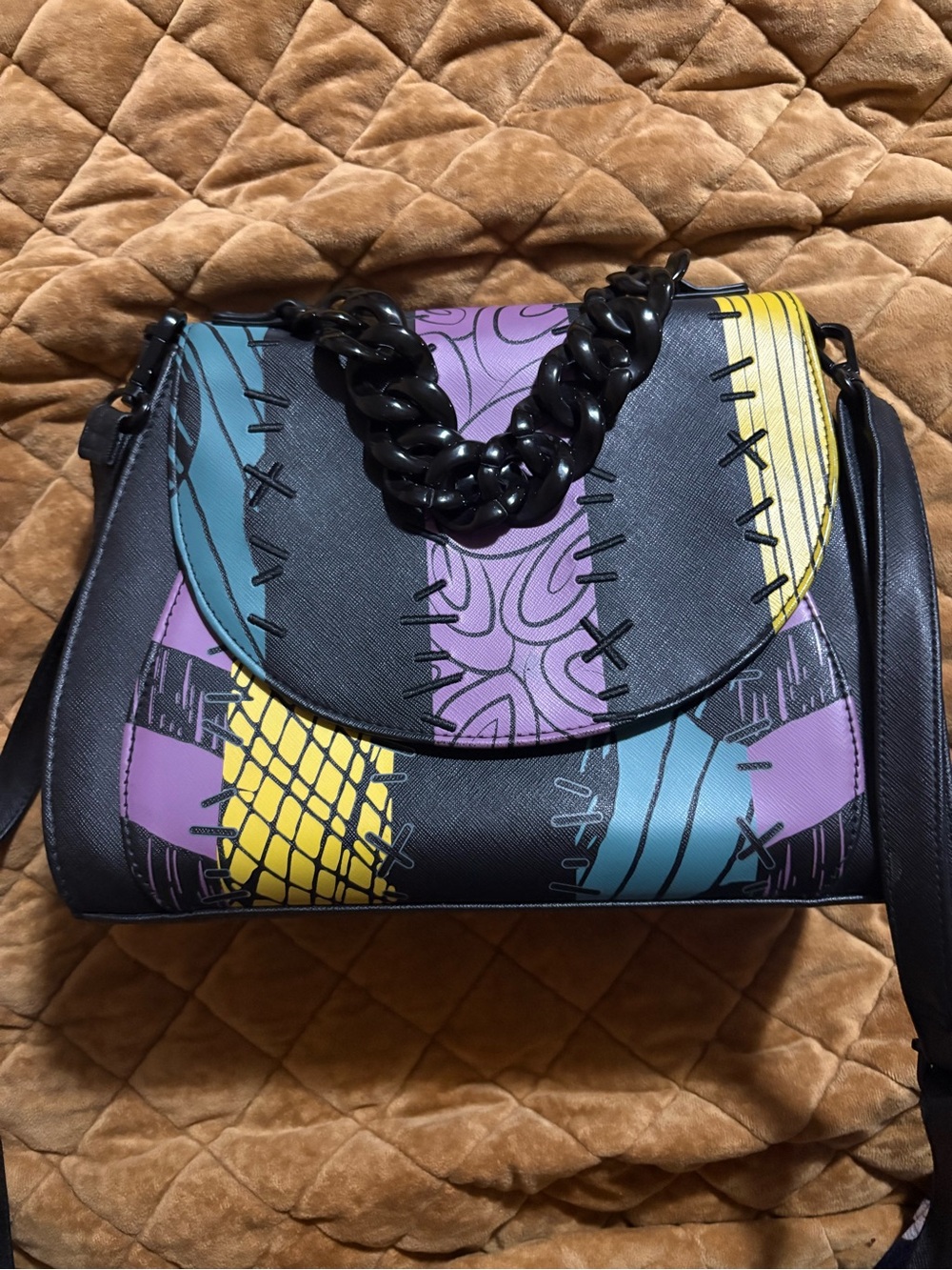 Loungefly Black Crossbody Bag with Purple, Yellow & Teal Panels w/ wallet
